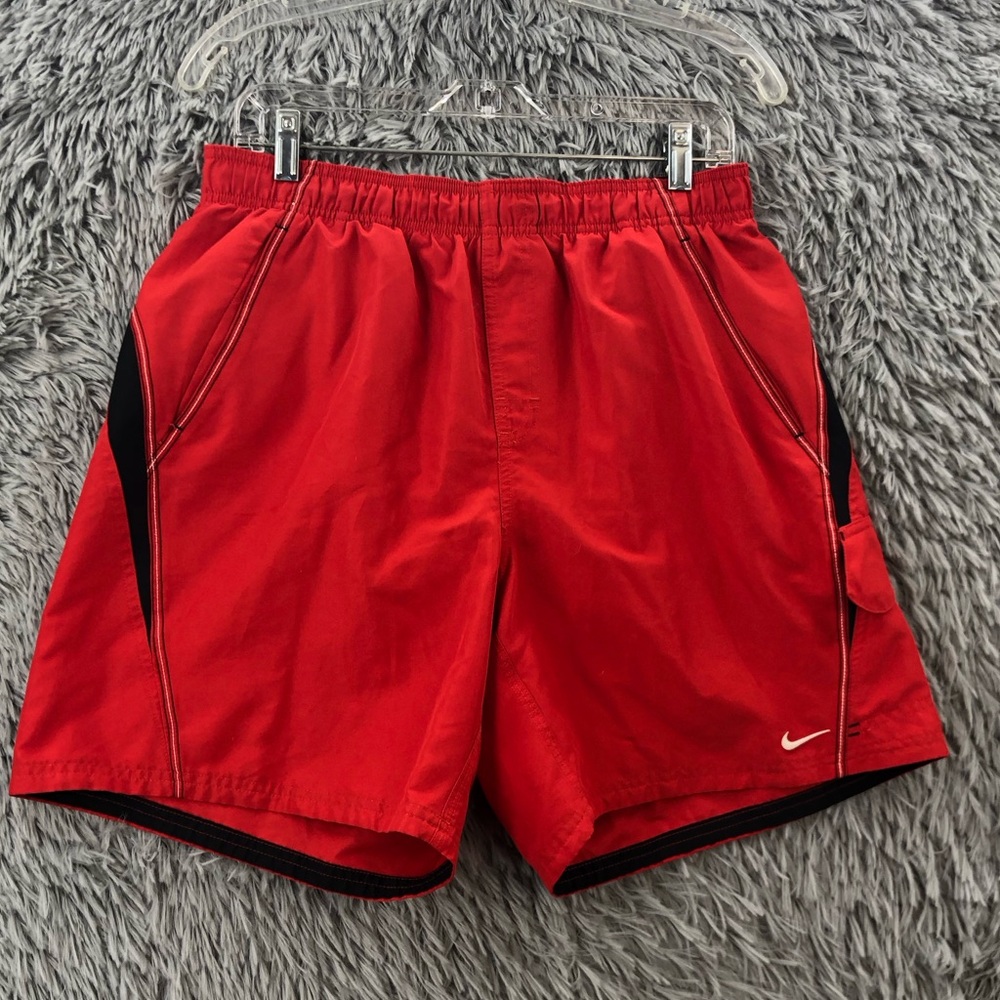 Nike Shorts Mens Large Red Black Board Swim Trunks Bottoms Swoosh Drawstring